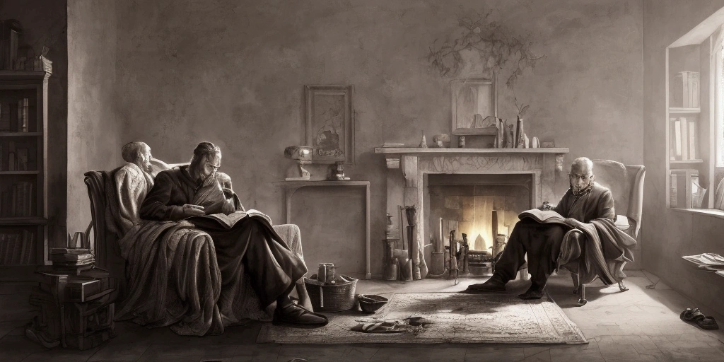 masterpiece, Best quality, official art, 8k wallpaper, Very detailed, 1 man, at home in the evening reading a book in front of the fireplace, horror stories, tense facial expression, human shadows are visible on the wall, which stretch their hands to the man behind his back, cinematic effect, book illustration