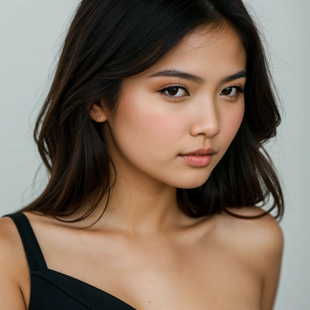young girl, Asian girl with dark brown hair, big breast, she is dressed in elegant black dress, photo taken on a white background, face close-up. Ultra-high resolution, (photorealistic: 1.4), high resolution, (brown eyes), (finely detailed skin), (perfectly proportioned) (photo realistic) (masterpiece) (photorealistic), ultrarealistic (Best Quality) (Detailed) photographed in a Canon EOS R5, 50mm Lens, F/2.8, (8K) (Wallpaper) (Natural lighting) (Convoluted) Fashion