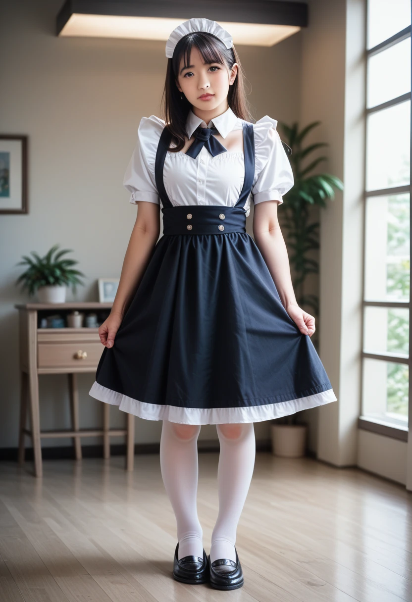 8k, raw photo, best quality, masterpiece, realistic, photo realistic, clear, professional lighting, beautiful face, best quality,ultra high res, realistic japanese beautiful, Super detailed, 1girl, full body, maid