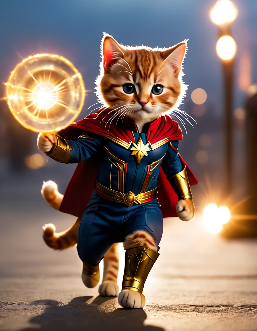 a cat Captain Marvel dr strange costume, dramatic scene, dynamic camera, backlit, (closed:1.2), high quality photo, 3 point lighting, softbox flash, 4k, canon eos r3, high resolution, smooth, sharp focus, high resolution, award winning photo, 80mm, f2.8, bokeh