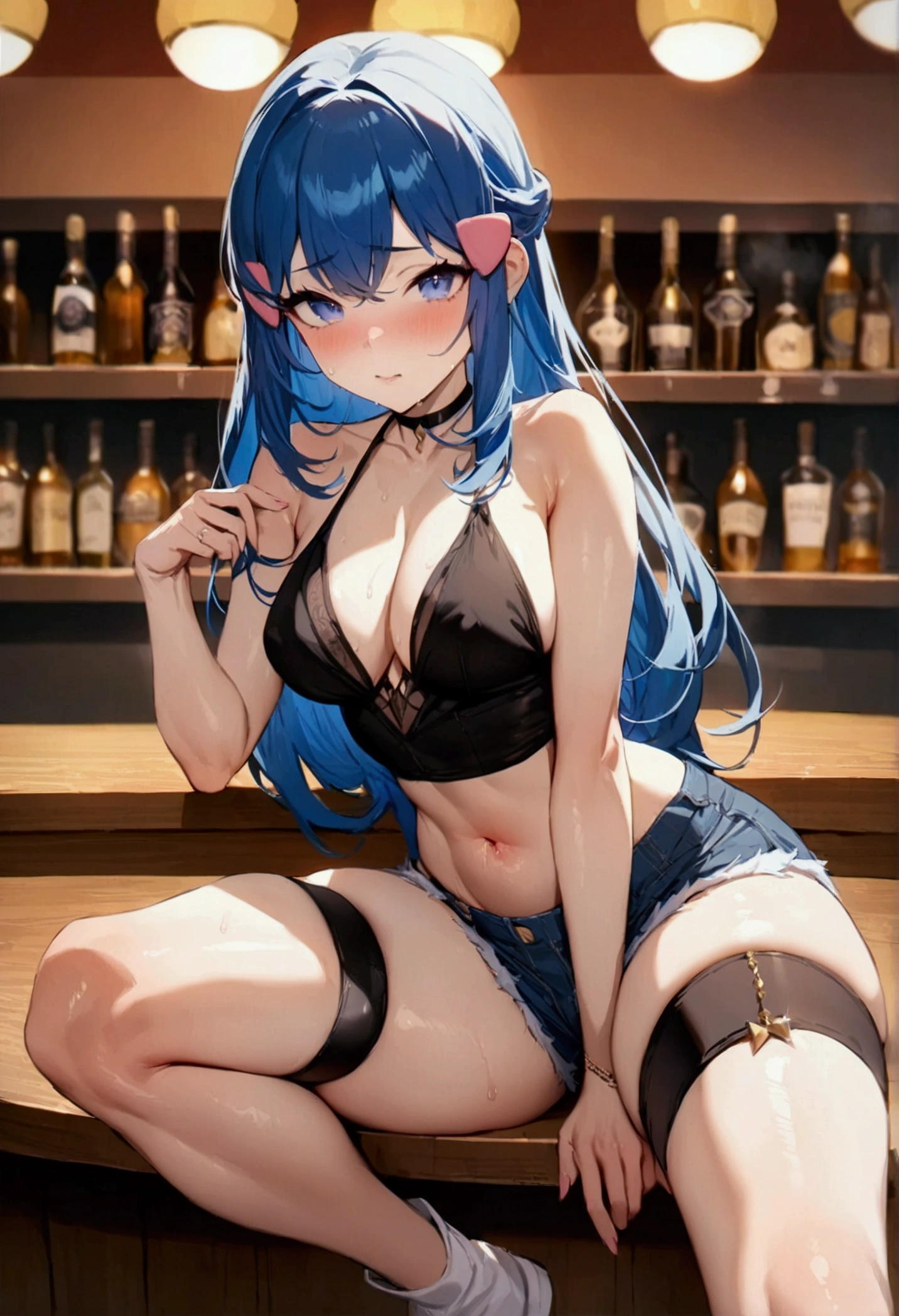 NSFW,masterpiece,Highest quality,High resolution,Super detailed,dawn_\(pokemon\),blue eyes, Blue Hair, Long Hair, Side Lock, Hair Clip,Crop top,Halter neck,Shorts,Thigh straps,pub,counter