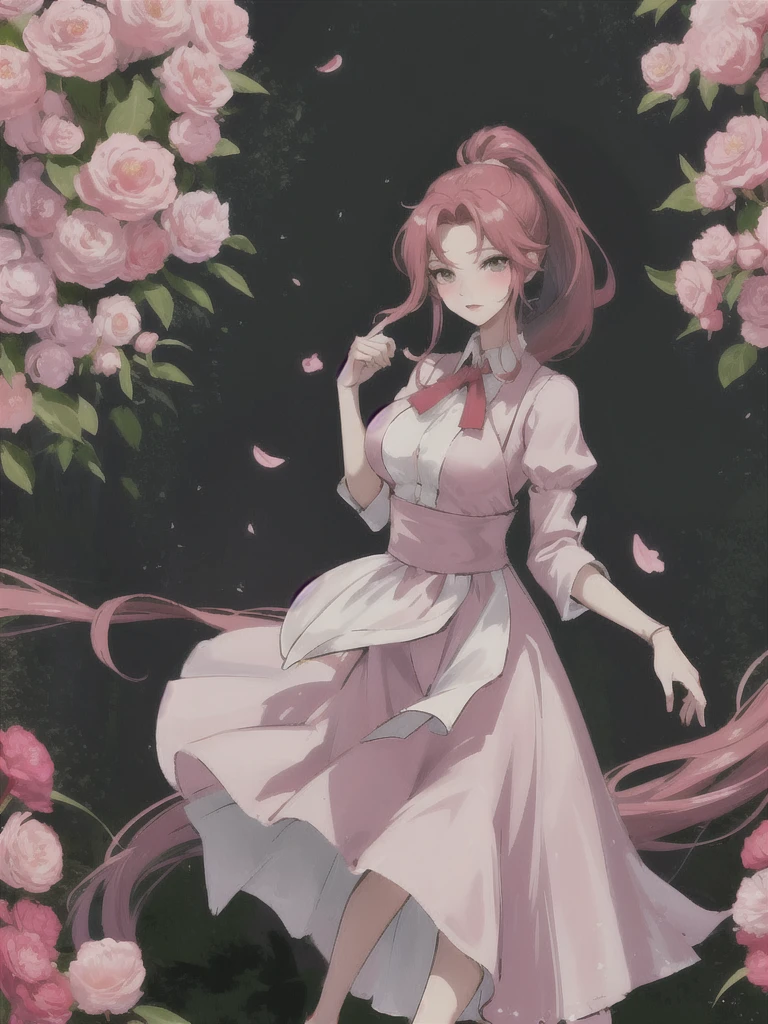 A girl ,Light pink cherry blossom dress,High Ponytail,Big red hair,Bright red hair,big eyes,Blush on face,Slight blush on the face,Shy expression,Hands behind your back,little cherry mouth,Full body shot,Stand among the flowers,There are many trees around. The plump breasts are tightly wrapped. The finger details are beautifully manicured. Big breasts