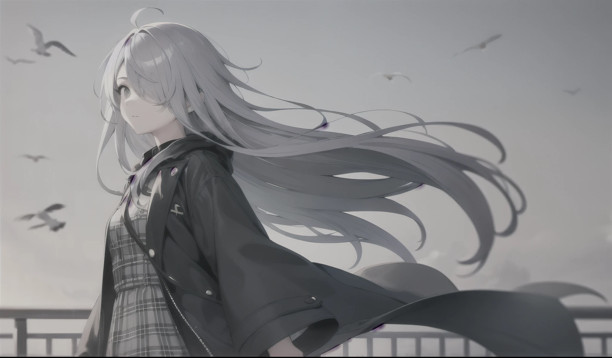 A girl,Gray long hair,Messy hair,Extra long bangs covering one eye,Gray plaid coat moves with the wind,Color Shadow,Bird's-eye view,Gray Eyes,Hand Improvement Stretch,Highest quality,beautiful eyes,Fisheye lens,Blurred foreground,(Black and white diamond floor tiles),((Color Shadow)),Oil painting style,Church stained glass window,Backlight
