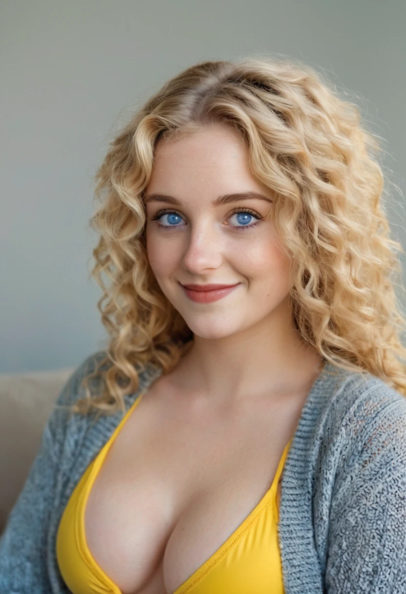 girl 30 years old, gentle blonde of medium build, high, long curly hair. The face is oval, elongated, , Plump lips, big Blue eyes , rounded chin, smiling. Dressed in an open blouse and sweater, Holding a yellow swimsuit in his hands