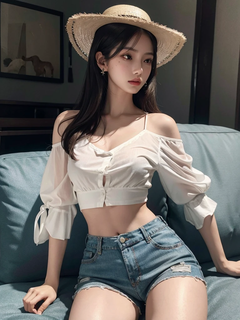 absurdres, RAW photo, extremely delicate and beautiful, masterpiece, Best Quality, ultra high resolution, 32k, hyperrealistic, ultra-detailed, perfect anatomy, super Detailed skin, Super Beauty, perfect figure, Perfect Style, Perfect balance, in her 20s, very small head, very small face, delicate facial features, tearful mole, earring, very huge , bare legs, full body shot, medium hair, black hair, casual, blouse, white shirt, buttoneirt, bare shoulders, collarbone, midriff, navel, shorts, straw hat,