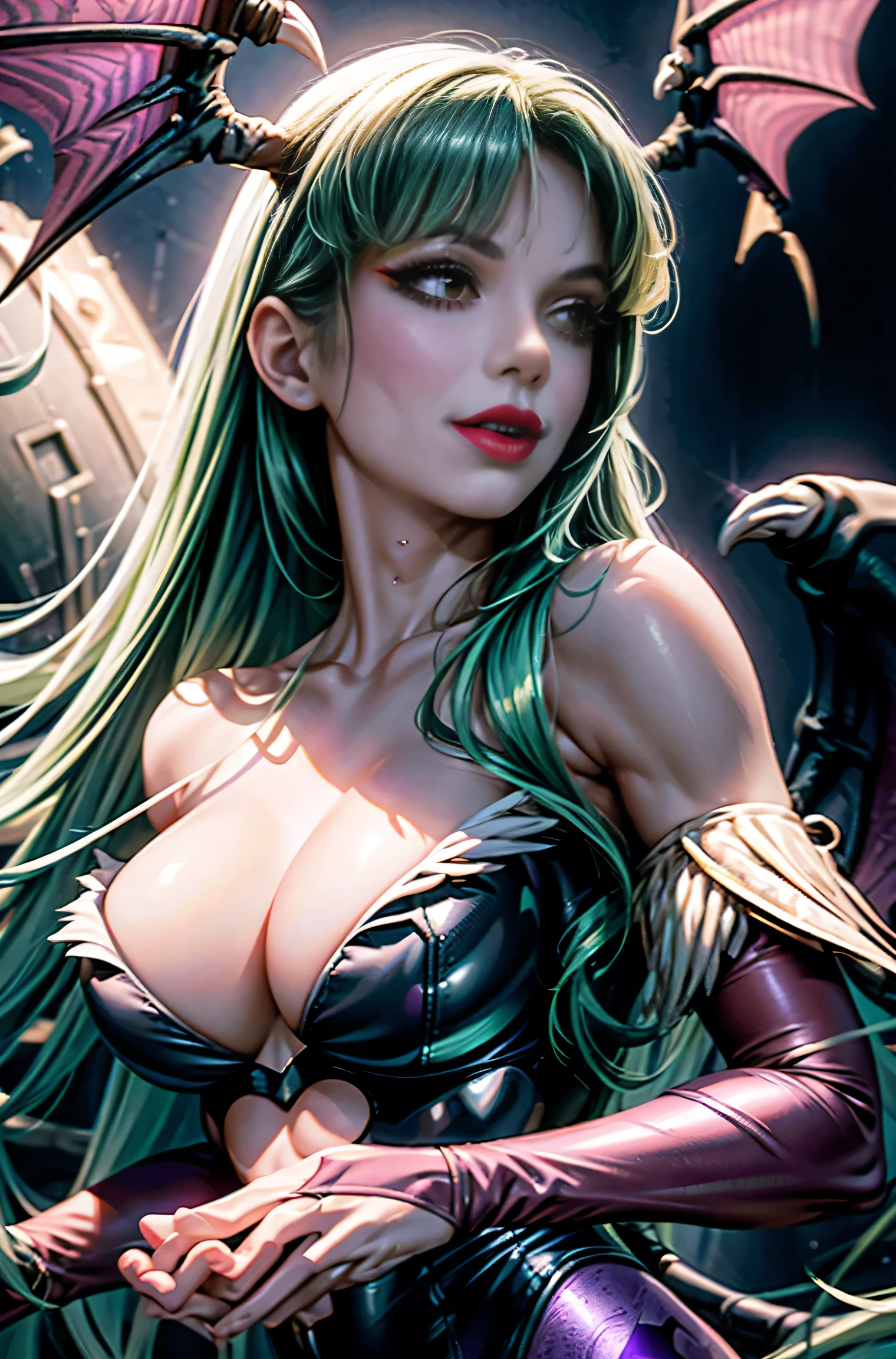 maximum quality、Masterpiece artwork、超High resolution、(Photorealistic:1.4)、1 girl、,ssmile sutil, Bright green long hair、slickedback hair, shiny and clean hair、, black batwing with purple membrane on the back, black bat wing with purple membrane on head, White and glowing skin、sexy girl、((super realistic details))、ombre、octane rendering、ultra-sharp、hyper-detailed face、Fiberglass、Luminous tube、highly intricate detail、Realistic Lumiere、CGSoação Trends、(clear green eyes)、(facing the camera)、neon detailechanical limbic vertebrae attached to the back、mechanical cervical fixation to the neck、Wires and cables connected to the head、((Valkyrie))、((Beam cannon))、Combat posture、((seductively pose:0.8))、(Lumiere_ssmile:1.0)、whole body、