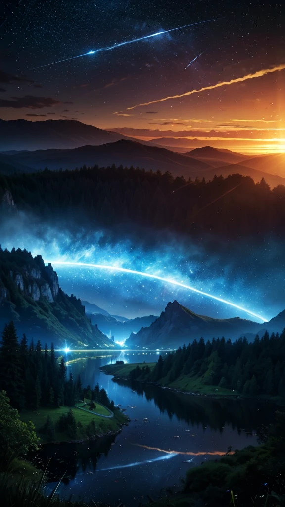 (Logo, Amazing, 8K, Tabletop, Raw Photo, Amazing, Top Quality, Photorealistic and Highly Detailed, CG, High Quality, Highly Detailed, Narrative Verse, Particle Effects, Dynamic Effects, Text Border the depth, cinematic lights, flares, raytracing, tabletop, realistic, ultra HD, fantasy), the wind, the beauty and brilliance of mountains and forests, the serenity and beauty of the world's grasslands and vast lands, Lakeside, wonderful scenery, beautiful natural scenery, night, starry sky, constellation, full moon, space, gorgeous, view, water, constellation, wonder, fantastic, meteor, magic, best illumination, best shadow