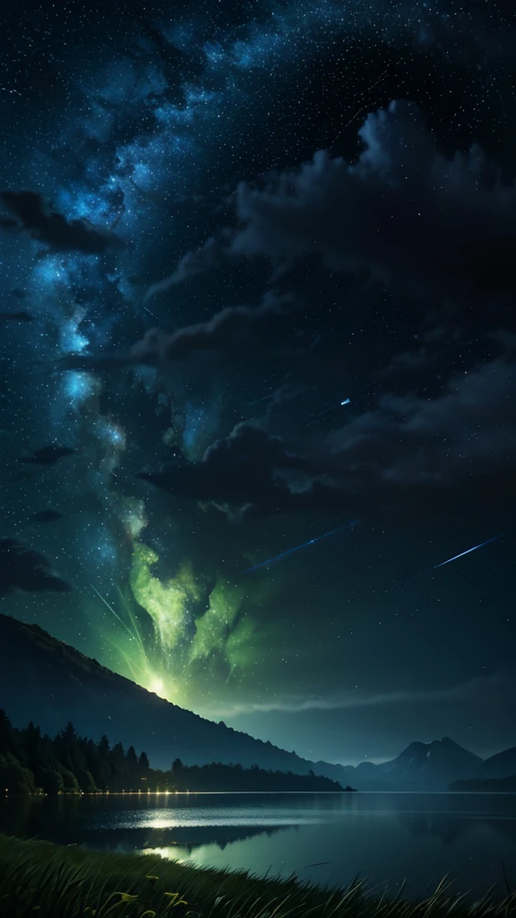 (Logo, Amazing, 8K, Tabletop, Raw Photo, Amazing, Top Quality, Photorealistic and Highly Detailed, CG, High Quality, Highly Detailed, Narrative Verse, Particle Effects, Dynamic Effects, Text Border the depth, cinematic lights, flares, raytracing, tabletop, realistic, ultra HD, fantasy), the wind, the beauty and brilliance of mountains and forests, the serenity and beauty of the world's grasslands and vast lands, Lakeside, wonderful scenery, beautiful natural scenery, night, starry sky, constellation, full moon, space, gorgeous, view, water, constellation, wonder, fantastic, meteor, magic, best illumination, best shadow