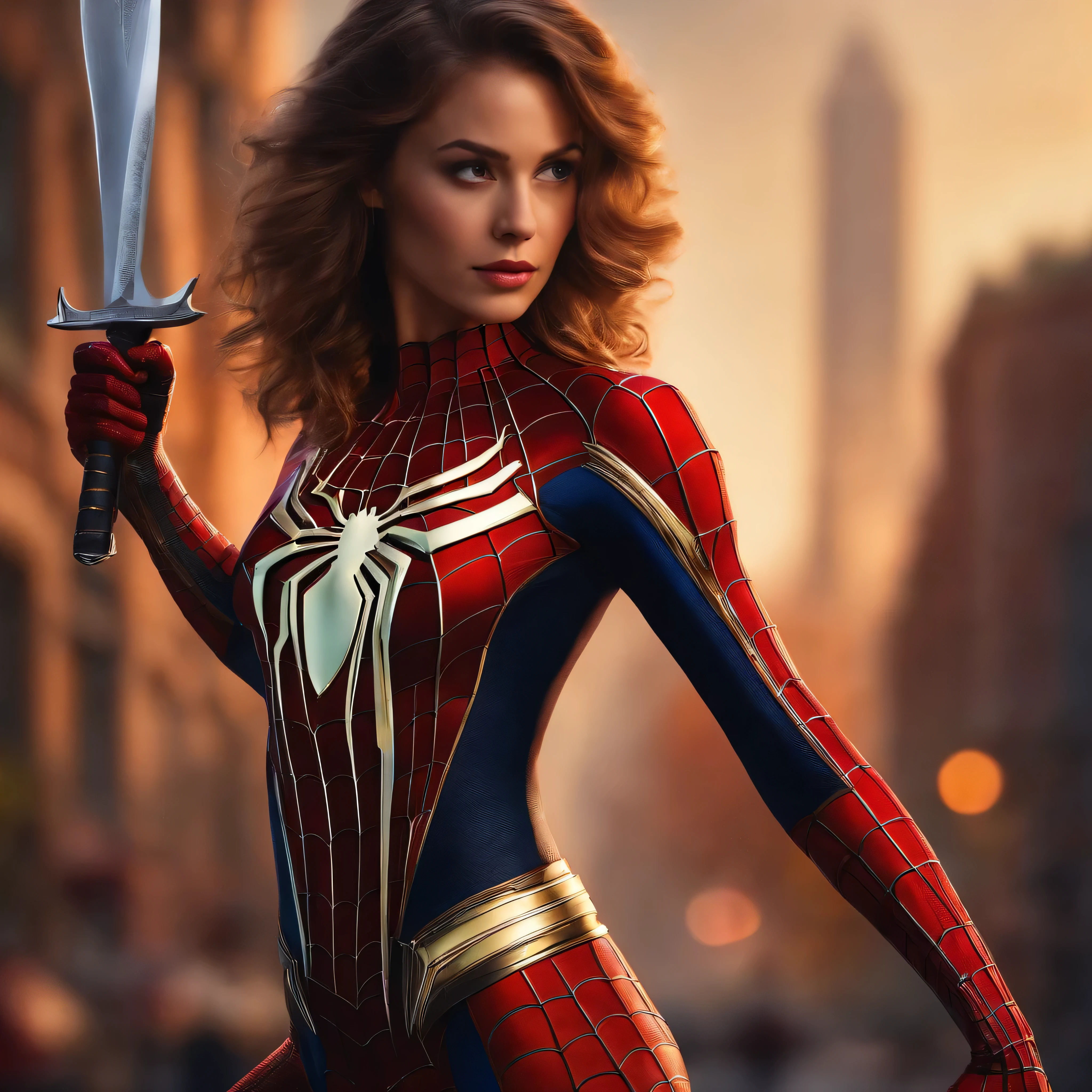 Girl in spider man dress having big  holding a sharp blade