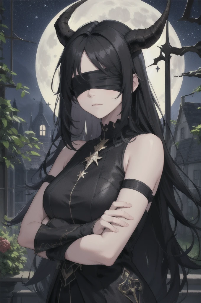 crossed arms, full moon, night, stars, black hair, blindfold, horns, portrait, indoors, building, garden, trees, bare shoulders