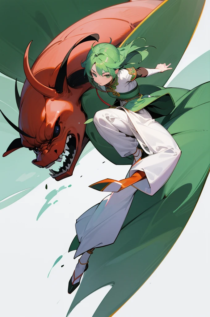 (Artwork, Highest quality, Facial details, Very redundant, Advanced Details, Highest quality, High resolution, 8K) frontを向いている、Green Hair、Her hair is short、small breast、upright stance、full body、Fighter、Uniform、Chinese Knight、Chinese style、White background、Simple Background、 exposure、China dress、pants、band、front、White clothes、Kung Fu、slender
