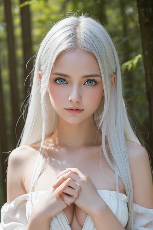 ((masterpiece,Highest quality)), 4K, High resolution, In the forest surrounded by white mist,One girl, alone, Age 25,(White Hair),Shortcuts,Highly detailed skin and facial textures:1.3, Ultra-detailed, Detailed hands and fingers, Detailed eyes, 