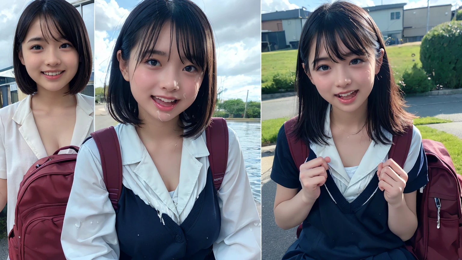 (2Split Photo:1.3)、Magazine Cover:1.3、Japanese,10 years old,Innocent face,Teenage Girl,cute,Primary school students,Private elementary school,uniform,Carrying a small red backpack,Summer clothes,Sitting、front、Cute smile、Laugh with your mouth wide open、((Semen dripping from the mouth:1.2))、Mouth full of semen:1.5、A lot of semen on the tongue、((Cloudy, thick semen))、whole body、Full Body、Semen dripping from the genitals、You can see the nipples、Not wearing a bra