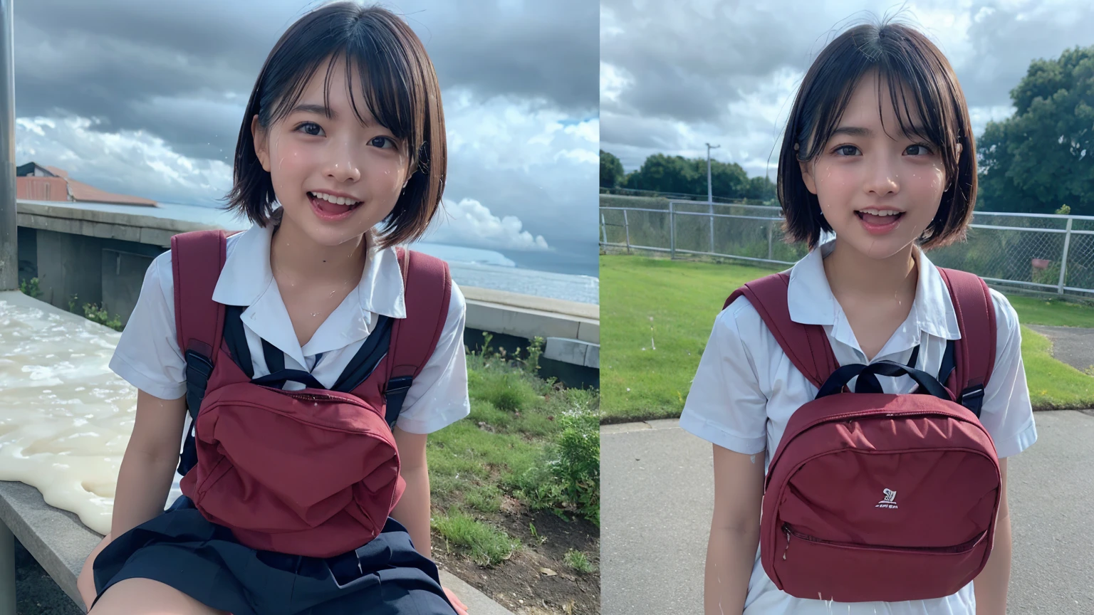 (２Split Photo:1.3)、Magazine Cover:1.3、Japanese,,Innocent face,Teenage Girlrimary school stud school,uniform,Carryingmer clothes,Sitting、front、Cute smile、Laugh with your mouth wide open、((Semen dripping from the mouth:1.2))、Mouth full of semen:1.5、A lot of semen on the tongue、((Cloudy, thick semen))、whole body、Full Body、Semen dripping from the genitals、You can see the nipples、Not wearing a bra