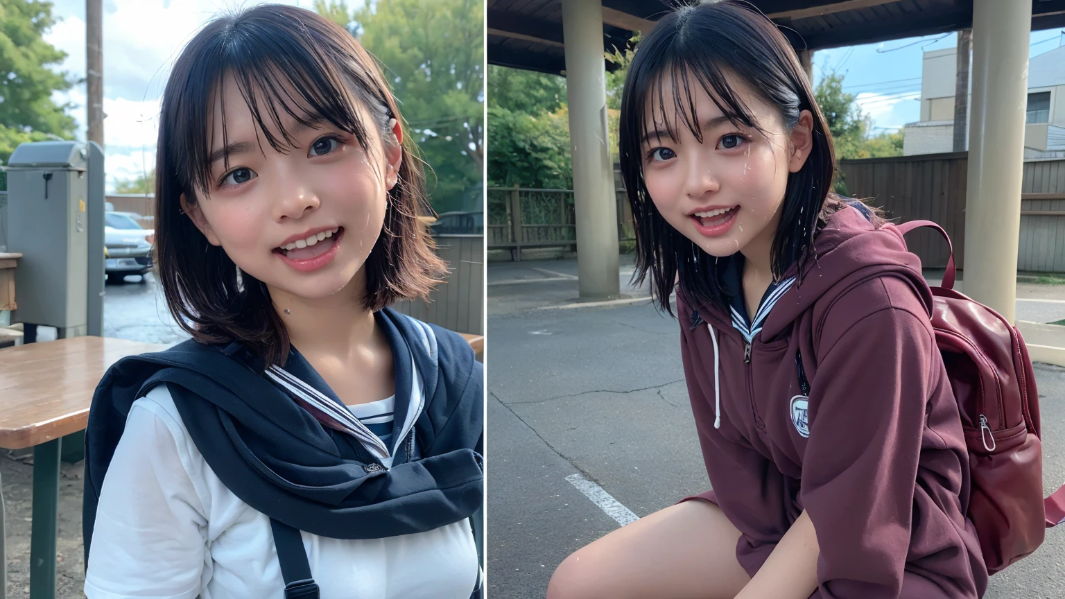 (2Split Photo:1.3)、Magazine Cover:1.3、Japanese,10 years old,Innocent face,Teenage Girl,cute,Primary school students,Private elementary school,uniform,Carrying a small red backpack,Summer clothes,Sitting、front、Cute smile、Laugh with your mouth wide open、((Semen dripping from the mouth:1.2))、Mouth full of semen:1.5、A lot of semen on the tongue、((Cloudy, thick semen))、whole body、Full Body、Semen dripping from the genitals、You can see the nipples、Not wearing a bra