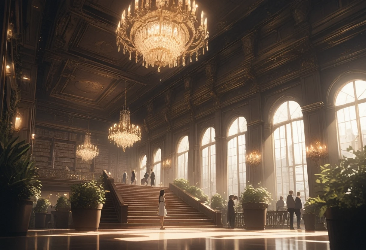 ((Masterpiece)), ((best quality)), (Anime:1.3), (super detail:1.2), (High Definition:1.3), (Professional Photography:1.3), (wide shot), (very aesthetic:1.2), (absurdres:1.2), (sharp focus), (perfect light), 8K, ((very long brown hair)), Glossy skin, cinematic lighting, ung woman, (ribbed white tank top with thin straps), (jean shorts), ((toned arms, holding book)), small breasts, very long brown hair, (brown eyes, swept bangs), stoic, open mouth, collarbones, BREAK, ((best quality)), (very aesthetic:1.2), (absurdres:1.2), (Leaning against ornate balustrade, chandeliers, potted plants, orange sunlight filtering through windows), (crowded library, people in background),