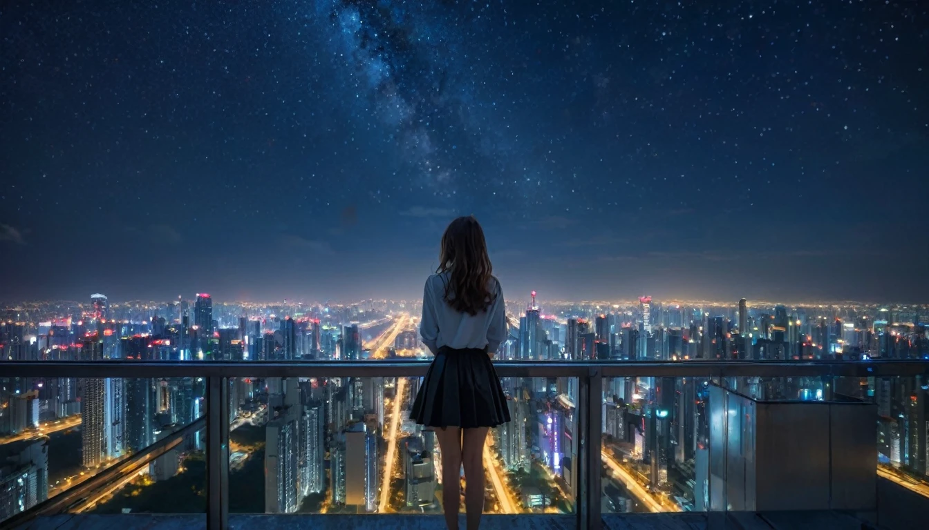 A girl looking down at the city from the rooftop of a skyscraper、Libra、Night view、Starry Sky、１７Year、Back view、skirt、melancholy