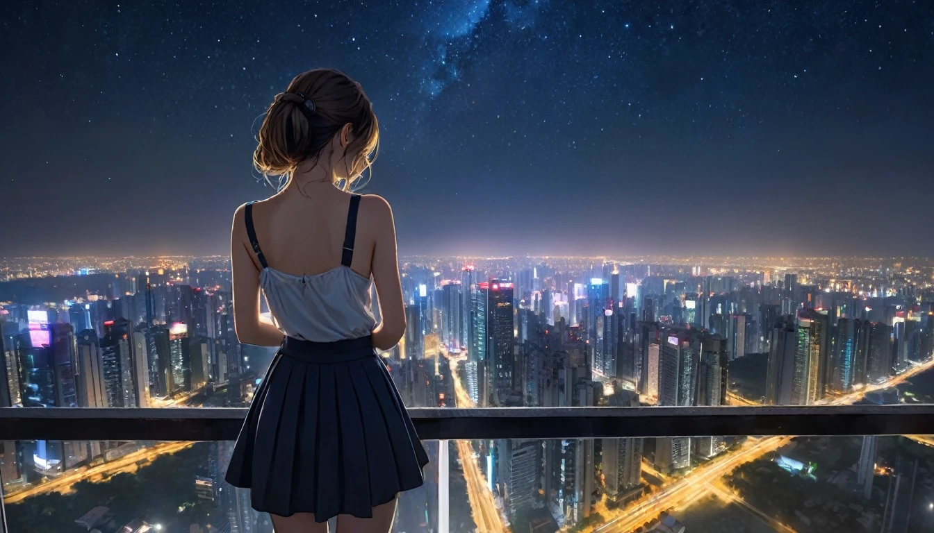 A girl looking down at the city from the rooftop of a skyscraper、Libra、Night view、Starry Sky、17Year、Back view、skirt、melancholy