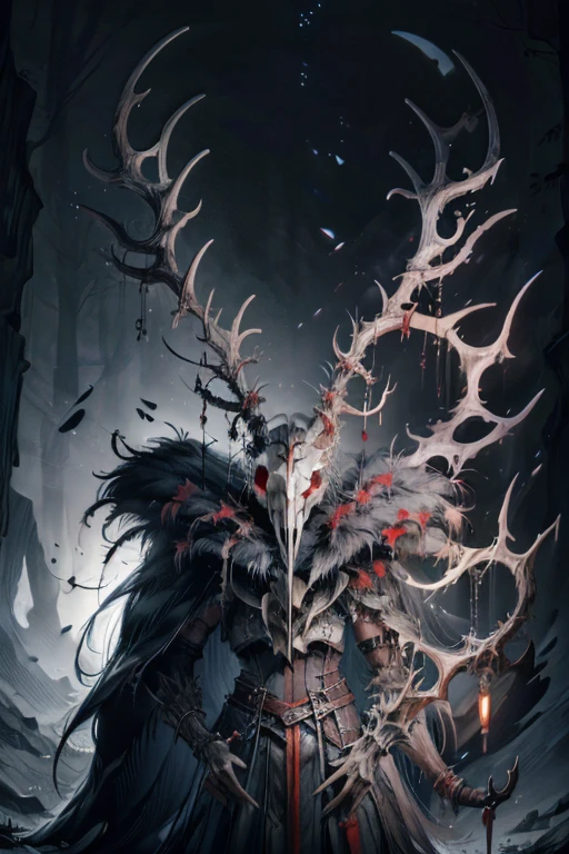 (masterpiece, best quality), wendigo, deer skull, fur cape, glowing eyes, holding a spear, 