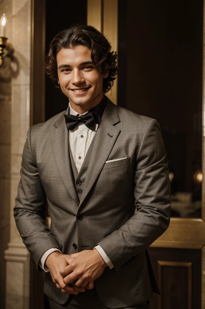 A Roman man boy, curled hair, Youngh, appealing, masculine, in a suit and smiling for a photo