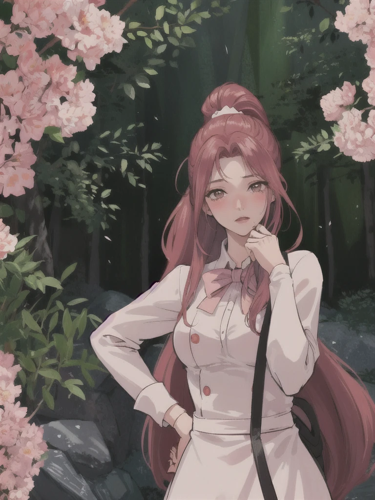 A girl ,Light pink cherry blossom dress,High Ponytail,Big red hair,Bright red hair,big eyes,Blush on face,Slight blush on the face,Shy expression,Hands behind your back,little cherry mouth,Full body shot,Stand among the flowers,There are many trees around. The plump breasts are tightly wrapped. The finger details are beautifully manicured. Big breasts