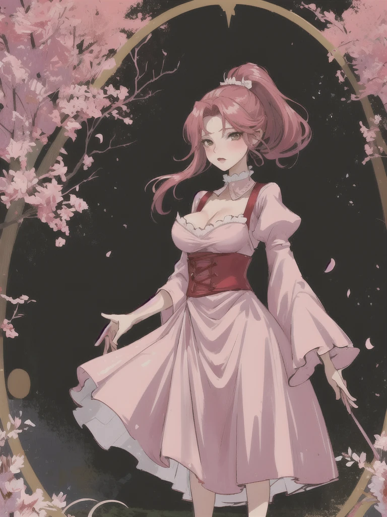 A girl ,Light pink cherry blossom dress,High Ponytail,Big red hair,Bright red hair,big eyes,Blush on face,Slight blush on the face,Shy expression,Hands behind your back,little cherry mouth,Full body shot,Stand among the flowers,There are many trees around. The plump breasts are tightly wrapped. The finger details are beautifully manicured. Big breasts