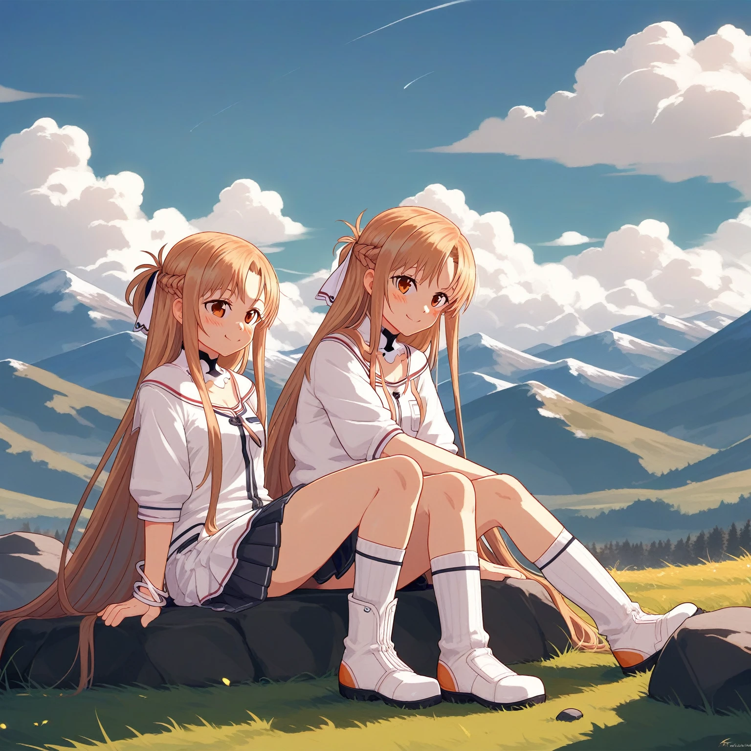 One girl, Asuna_\(star\), 前hair, just_shoulder, green_null, blush, boots, Braiding, breastpline, chest, brown_eye, Closed_mouth, cloud, cloudy_null, Day, independent_sleeve, Grass, hair_between_eye, length_hair, Looking_in_Audience, Mountain, Outdoor, rock, Sitting, skirt, null, smile, 一人in, Knee socks, very_length_hair, big 