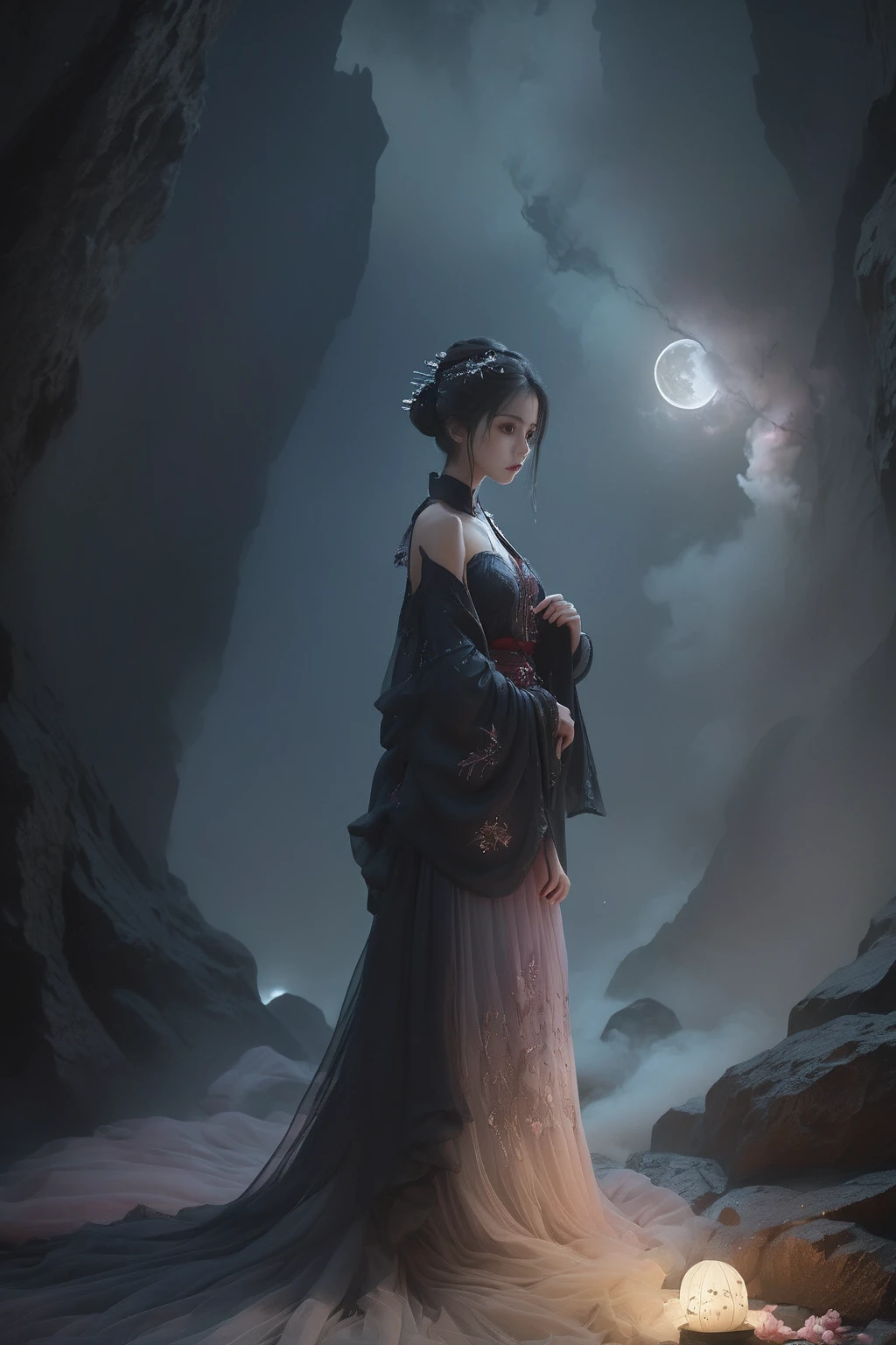 Ultra HD, 8K, Extremely detailed, Photos of Dark Fantasy Art, Girl in tulle skirt,making eye contact, dark, Moody, dark fantasy style, Beautiful Lights, great composition