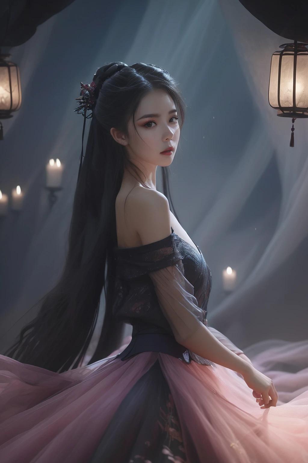 Ultra HD, 8K, Extremely detailed, Photos of Dark Fantasy Art, Girl in tulle skirt,making eye contact, dark, Moody, dark fantasy style, Beautiful Lights, great composition