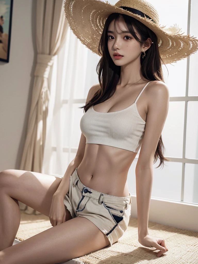 absurdres, RAW photo, extremely delicate and beautiful, masterpiece, Best Quality, ultra high resolution, 32k, hyperrealistic, ultra-detailed, perfect anatomy, super Detailed skin, Super Beauty, perfect figure, Perfect Style, Perfect balance, in her 20s, very small head, very small face, delicate facial features, tearful mole, earring, very huge breasts, bare legs, full body shot, medium hair, black hair, casual, blouse, white shirt, buttoned shirt, bare shoulders, collarbone, midriff, navel, shorts, straw hat,