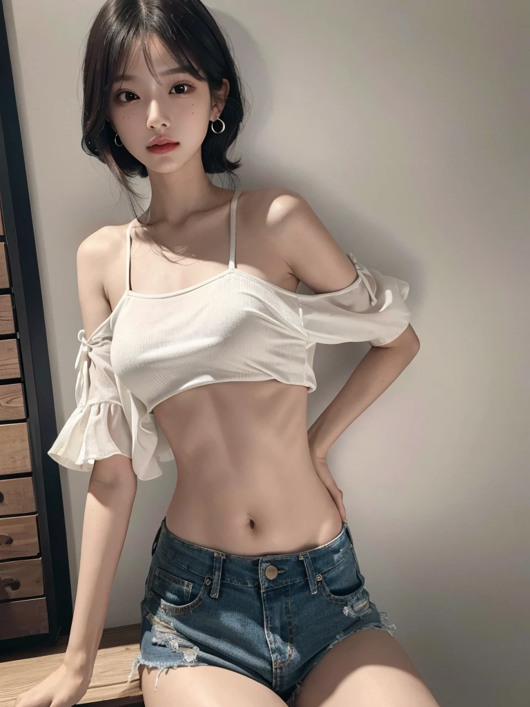 absurdres, RAW photo, extremely delicate and beautiful, masterpiece, Best Quality, ultra high resolution, 32k, hyperrealistic, ultra-detailed, perfect anatomy, super Detailed skin, Super Beauty, perfect figure, Perfect Style, Perfect balance, in her 20s, very small head, very small face, delicate facial features, tearful mole, earring, very huge breasts, bare legs, full body shot, medium hair, black hair, casual, blouse, white shirt, buttoned shirt, bare shoulders, collarbone, midriff, navel, shorts, straw hat,