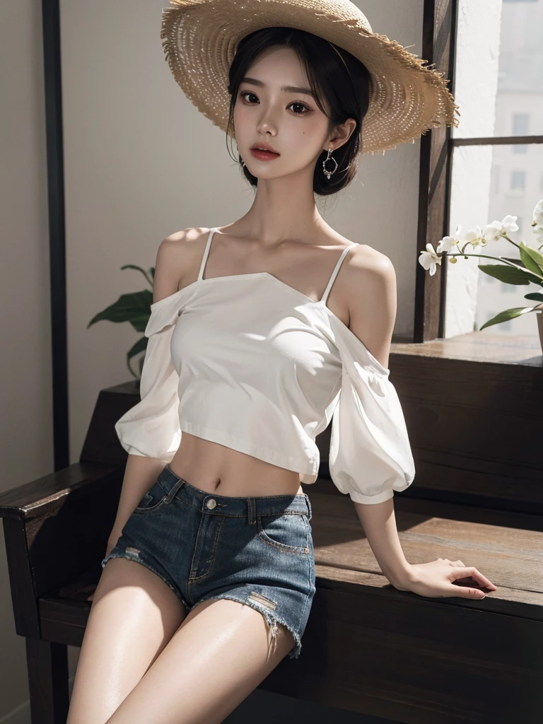 absurdres, RAW photo, extremely delicate and beautiful, masterpiece, Best Quality, ultra high resolution, 32k, hyperrealistic, ultra-detailed, perfect anatomy, super Detailed skin, Super Beauty, perfect figure, Perfect Style, Perfect balance, in her 20s, very small head, very small face, delicate facial features, tearful mole, earring, very huge breasts, bare legs, full body shot, medium hair, black hair, casual, blouse, white shirt, buttoned shirt, bare shoulders, collarbone, midriff, navel, shorts, straw hat,