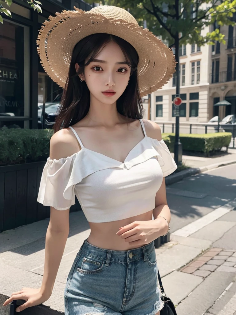 absurdres, RAW photo, extremely delicate and beautiful, masterpiece, Best Quality, ultra high resolution, 32k, hyperrealistic, ultra-detailed, perfect anatomy, super Detailed skin, Super Beauty, perfect figure, Perfect Style, Perfect balance, in her 20s, very small head, very small face, delicate facial features, tearful mole, earring, very huge breasts, bare legs, full body shot, medium hair, black hair, casual, blouse, white shirt, buttoned shirt, bare shoulders, collarbone, midriff, navel, shorts, straw hat,