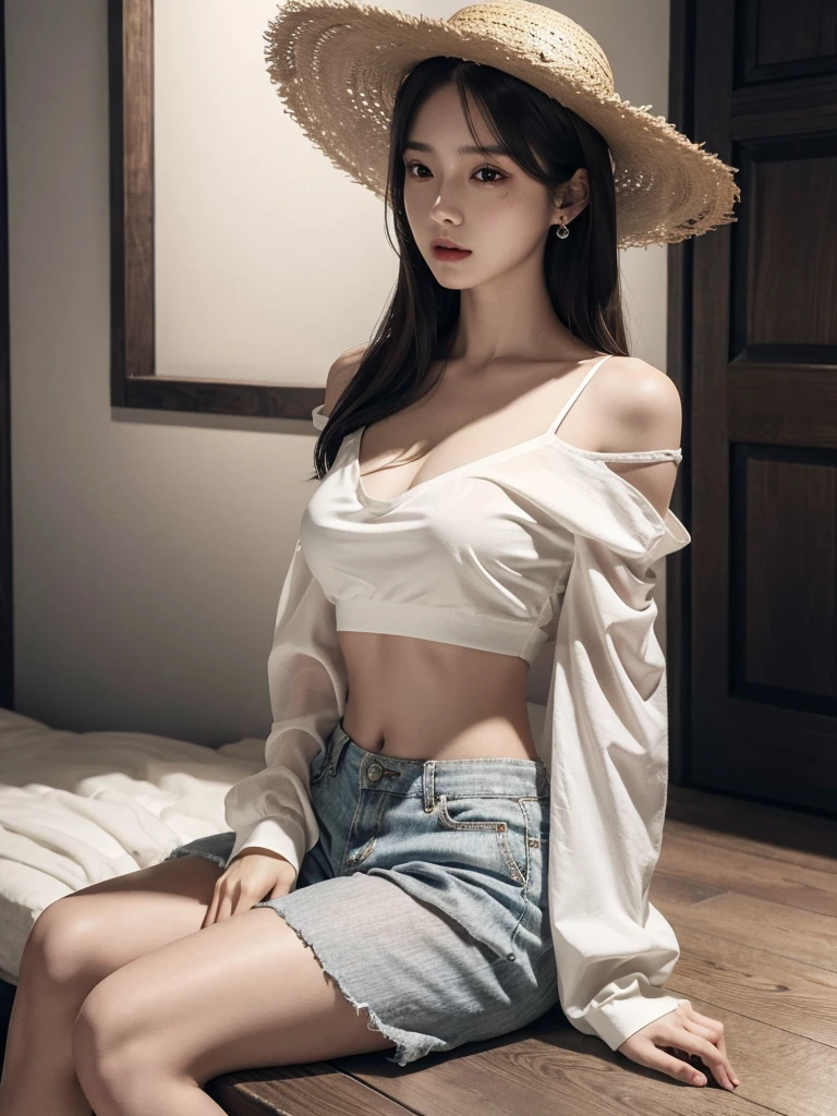 absurdres, RAW photo, extremely delicate and beautiful, masterpiece, Best Quality, ultra high resolution, 32k, hyperrealistic, ultra-detailed, perfect anatomy, super Detailed skin, Super Beauty, perfect figure, Perfect Style, Perfect balance, in her 20s, very small head, very small face, delicate facial features, tearful mole, earring, very huge breasts, bare legs, full body shot, medium hair, black hair, casual, blouse, white shirt, buttoned shirt, bare shoulders, collarbone, midriff, navel, shorts, straw hat,
