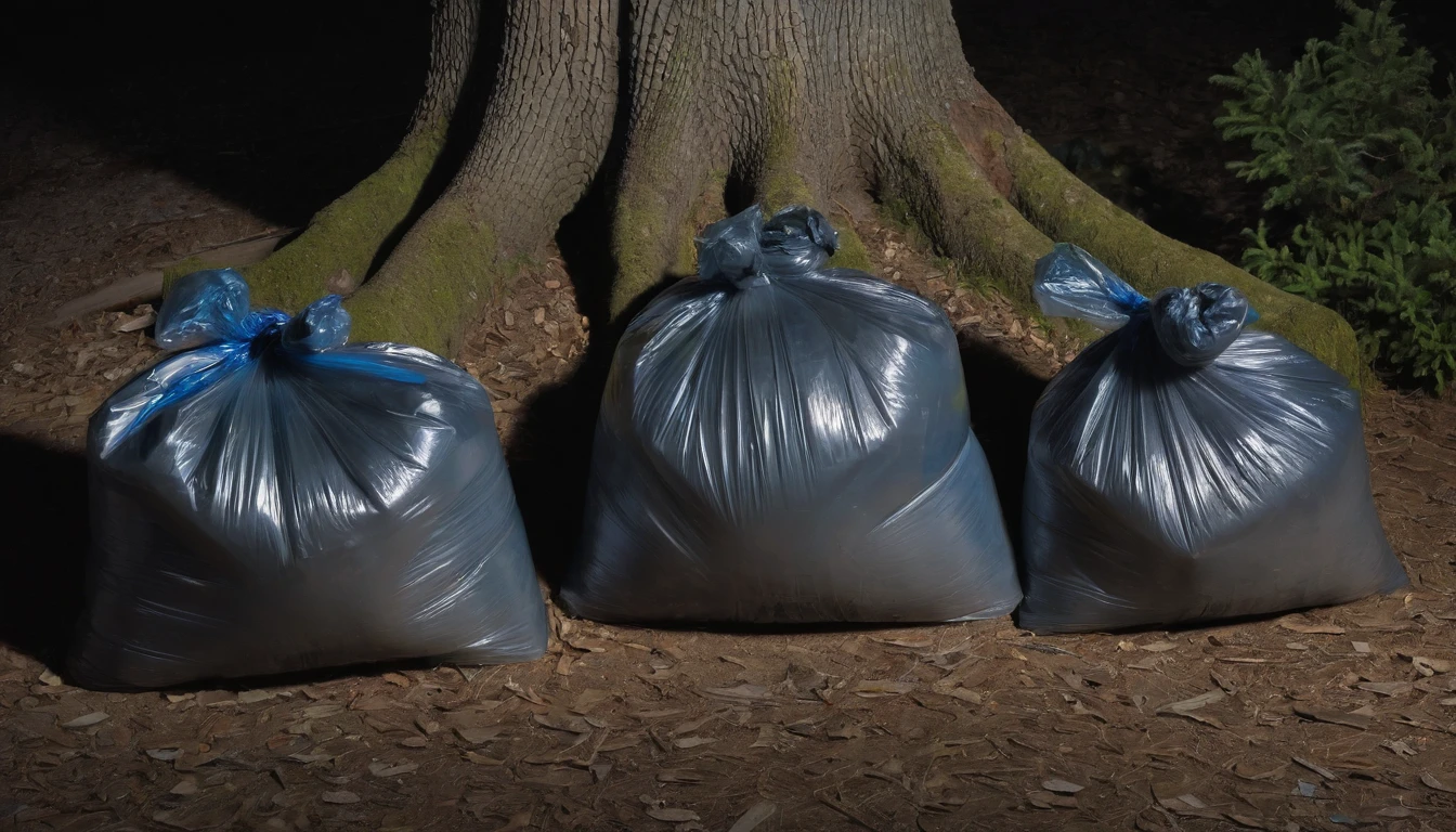 three garbage bags and a rope tying them tightly inside a trunk at night