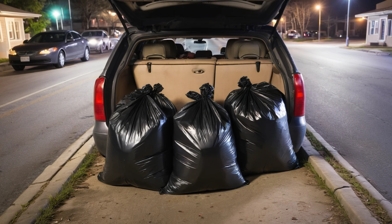 three garbage bags and a rope tying them tightly inside a trunk at night