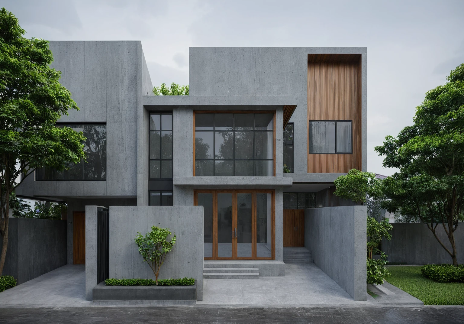 exterior of house, modern, townhouse, Modern house gate, minimalistic, the house is located in an urban area of Hanoi Vietnam, wall concrete gray and wood, facing the road, plant and tree, sidewalks, sidewalk trees, corona render, 3ds max, wide view, overcast sky, a moody foggy environment, sunny cinematic, natural light