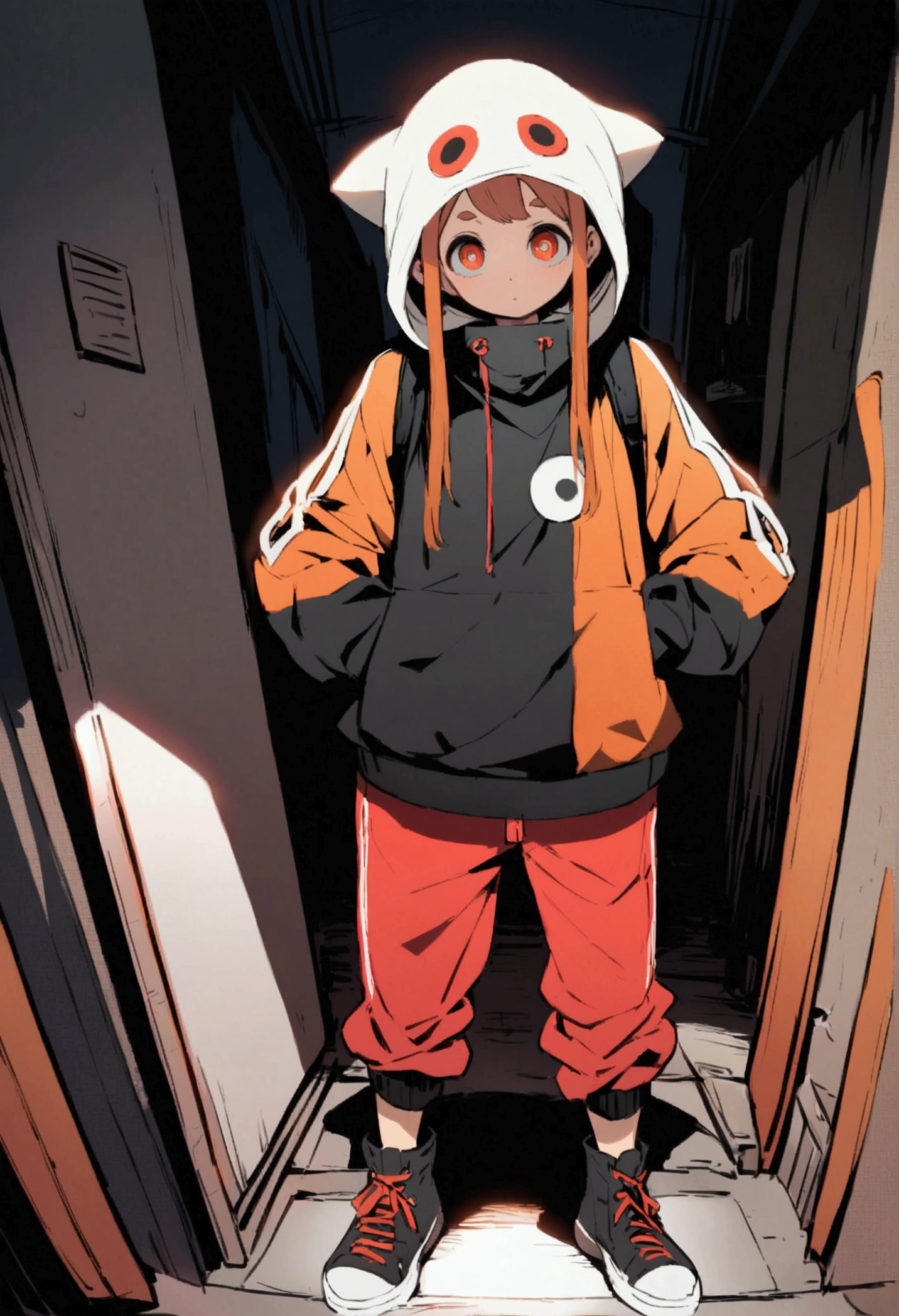 ochako, street ware clothes, full body standing, fish eye linse.