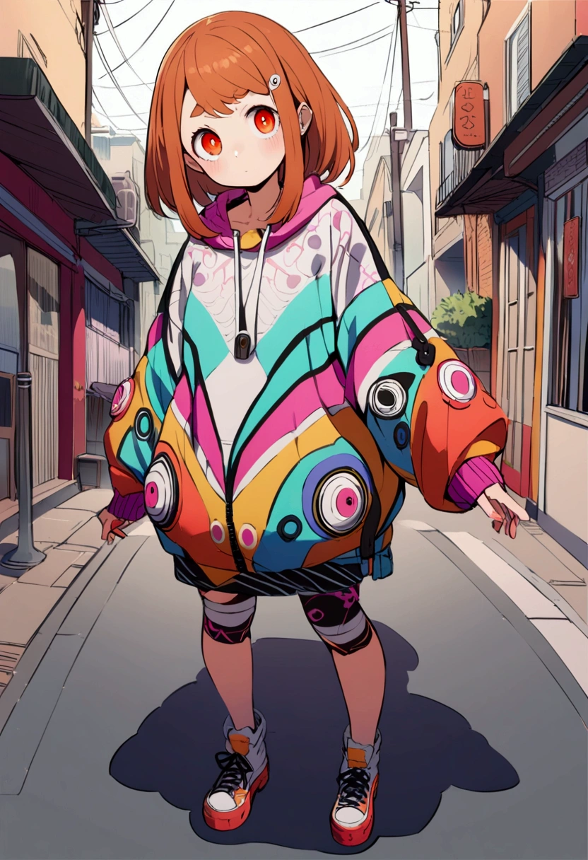 ochako, street ware clothes, full body standing, fish eye linse.