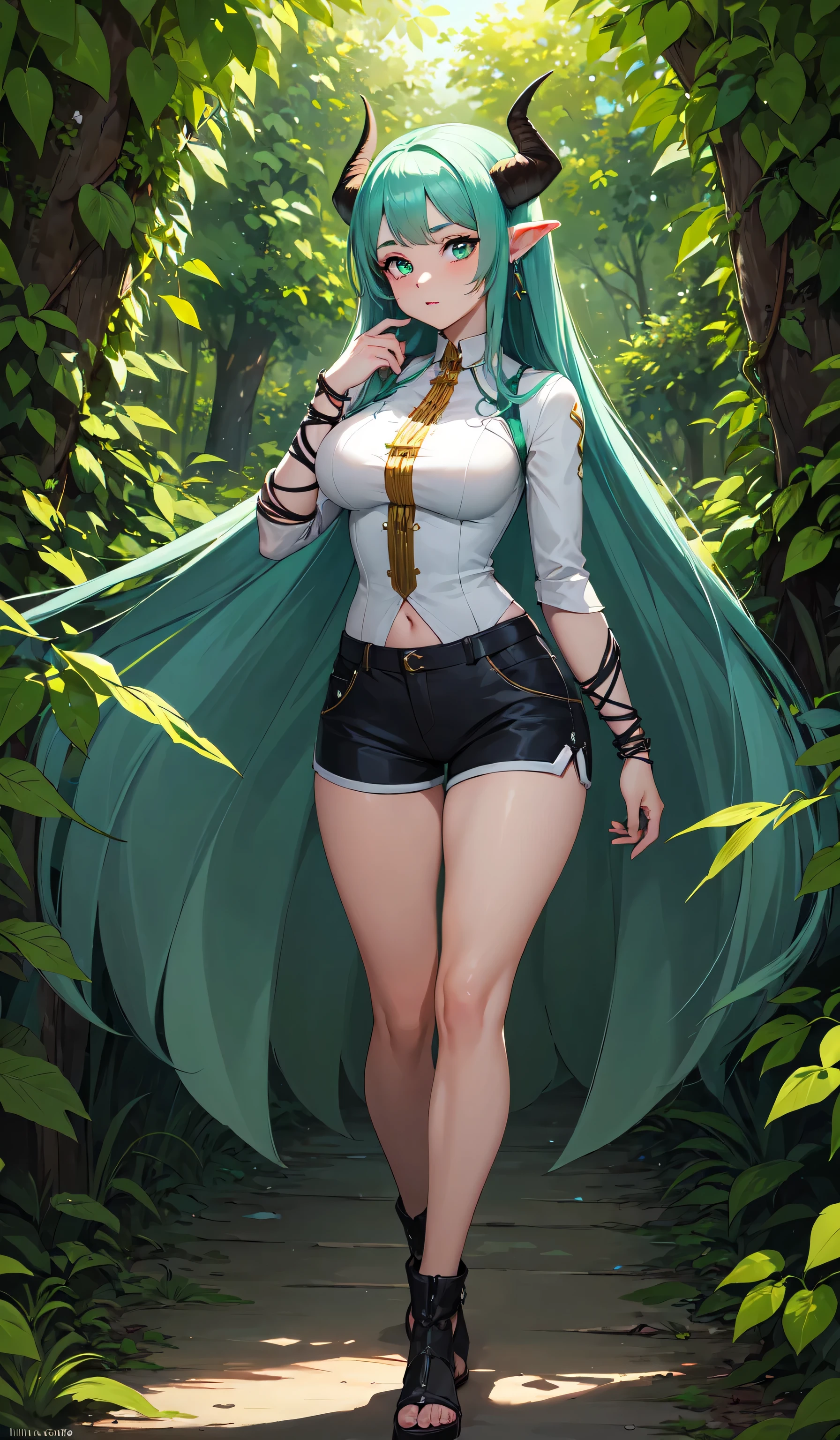 (Best Quality,Unparalleled Masterpiece:1.4),Ultra-Detailed CG 4K,(Ultra-Detailed Clear Absurdly-Vivid Mint Big Eyes:1.2),yellow medieval summer girl, concept, vines on the hand and horns from vines, full length, full body, magic hunter, shorts white, sfw