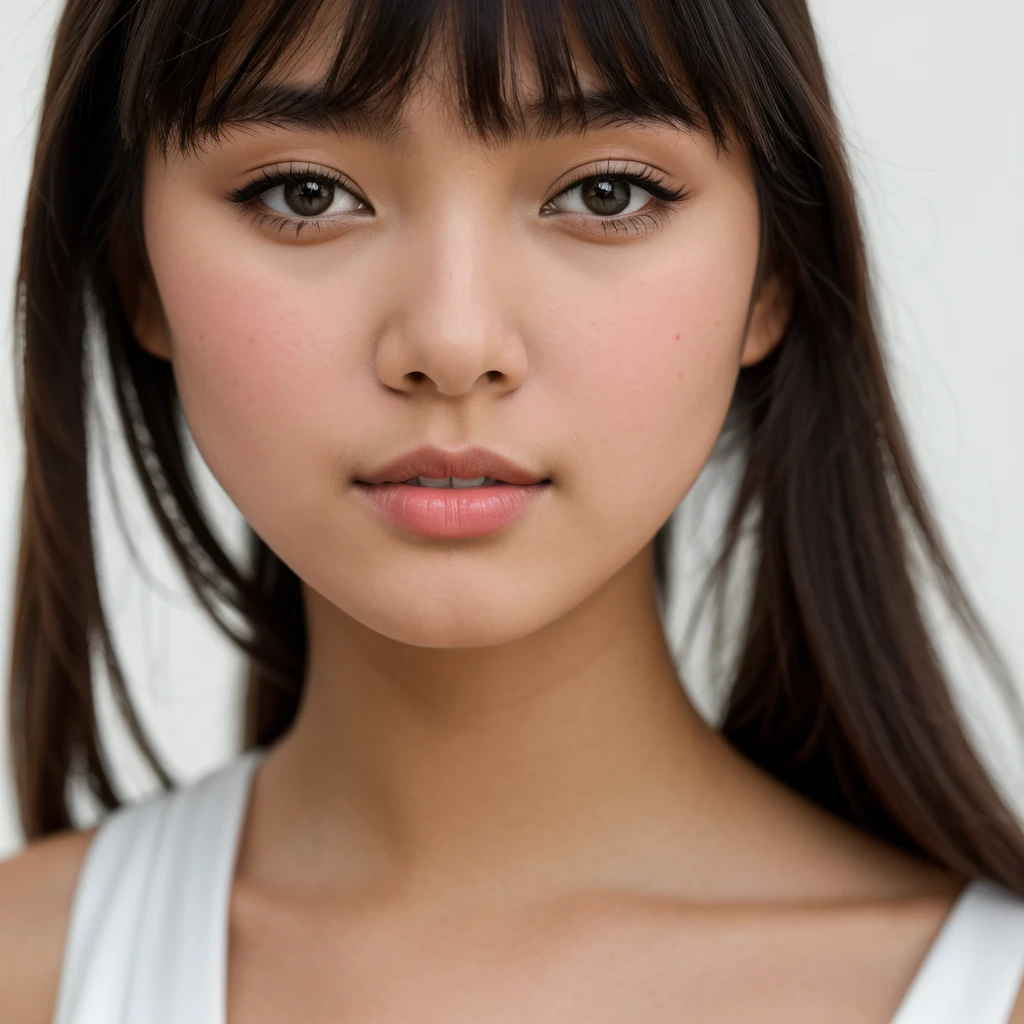 young girl, Asian girl with dark brown hair, big breast, she is dressed in elegant black dress, photo taken on a white background, face close-up. Ultra-high resolution, (photorealistic: 1.4), high resolution, (brown eyes), (finely detailed skin), (perfectly proportioned) (photo realistic) (masterpiece) (photorealistic), ultrarealistic (Best Quality) (Detailed) photographed in a Canon EOS R5, 50mm Lens, F/2.8, (8K) (Wallpaper) (Natural lighting) (Convoluted) Fashion