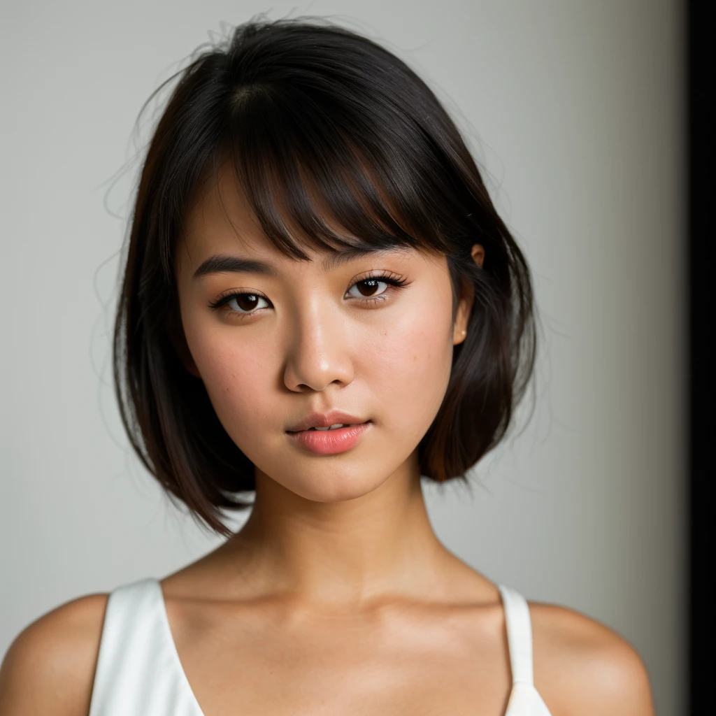 young girl, Asian girl with dark brown hair, big breast, she is dressed in elegant black dress, photo taken on a white background, face close-up. Ultra-high resolution, (photorealistic: 1.4), high resolution, (brown eyes), (finely detailed skin), (perfectly proportioned) (photo realistic) (masterpiece) (photorealistic), ultrarealistic (Best Quality) (Detailed) photographed in a Canon EOS R5, 50mm Lens, F/2.8, (8K) (Wallpaper) (Natural lighting) (Convoluted) Fashion