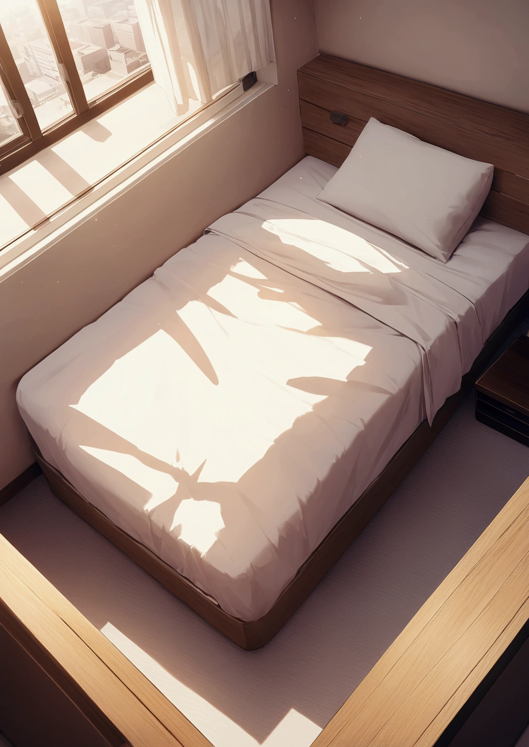 Bed seen from above、White sheets、Nobody is here, hotel room, love hotel, close view, light rays, anime theme, Best Quality, masutepiece, 超A high resolution, surrealism, Room, Empty bed