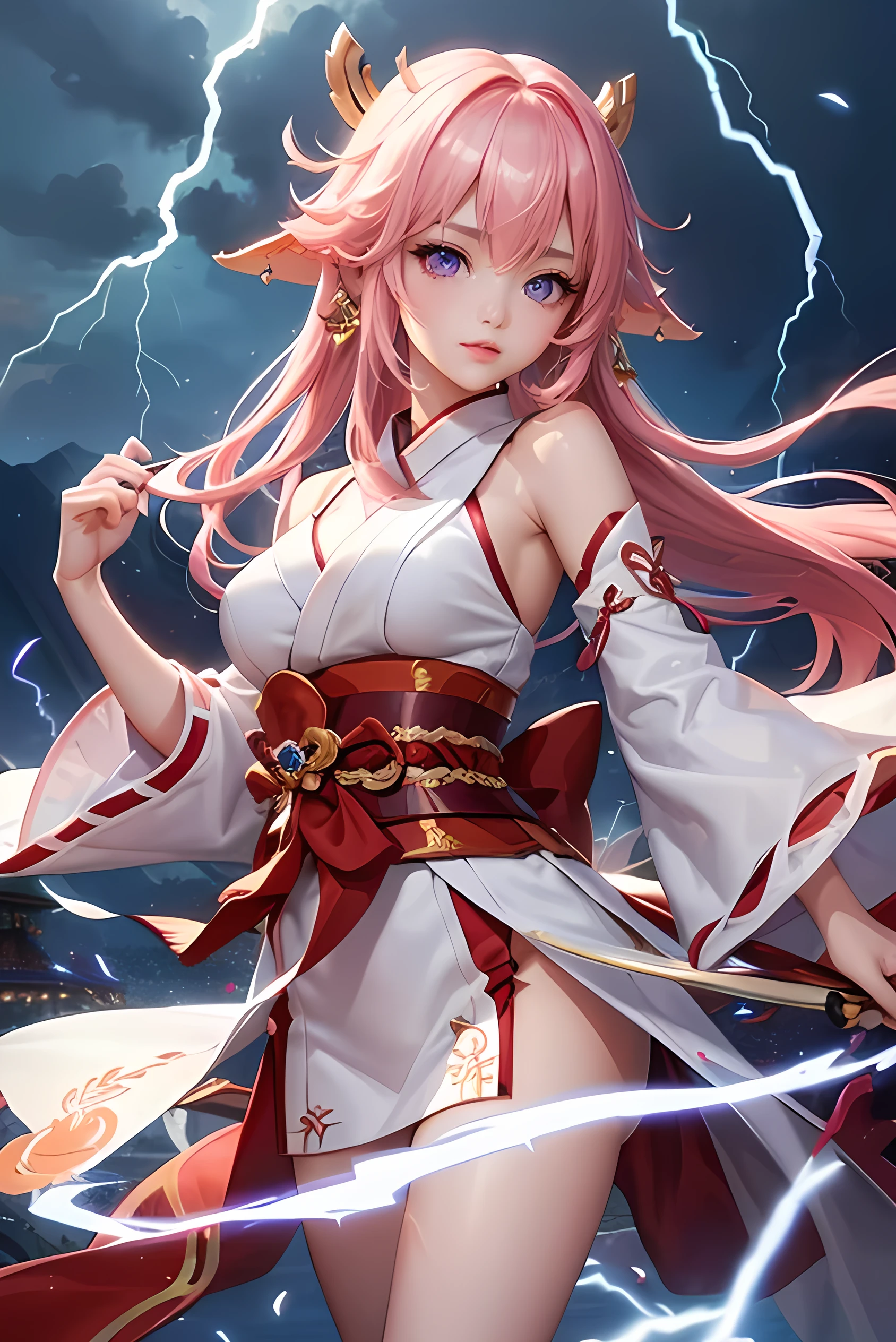 (Highest quality、Highest quality、Masterpiece、Very delicate、Very detailed、Exquisite、16K、Full HD)、1 female、(Yae Miko、Genshin Impact)、(White Shrine Maiden Costume、ribbon、White frills、Japanese style)、Perfect body line、Glowing Skin、(Groomed eyebrows、Pink Lips、Purple Eyes、Detailed eyeysterious face)、Pink Hair、Shiny Hair)、Dynamic Pose、Dramatic lighting、(thunder、lightning)