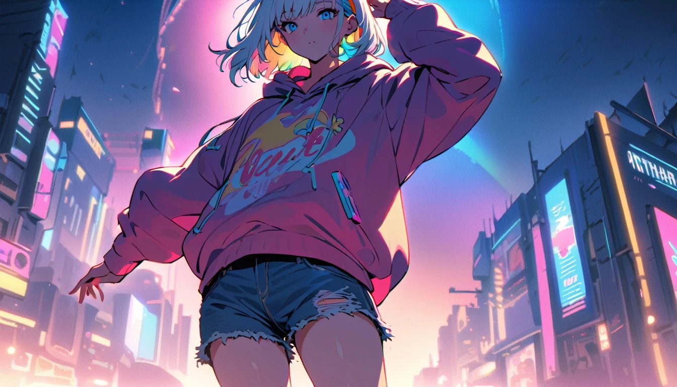 HD 8k Handsome sexy cute, Solitary, 1 female, Medium Length Hair, white hair, Rainbow hair, blue Eyes, Rainbow headphone, hoodie, colored hoodie, denim shorts, sneakers, Human focus, outdoor, blue night sky, background is 1980's Japanese NEON Tokyo, hand is Cassette tapes,