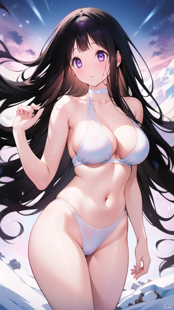 Chitanda,只有一个beautiful girl,Purple Eyes, Black Hair, Natural straight hair, Straight bangs,Extremely refined,open your lips,Face is so red,Very white skin,Skin as delicate as porcelain,Glowing skin,big eyes,Flowing long hair,beautiful girl, Like a dream,Slim,Slim waist,Soft, (Sensual), (Kawaii), Dream quality,Sweaty and sweaty,Wet skin,Side breasts,snowflake,Playing in the snow on the snow mountain,Preparing to kiss,Looking up,White transparent bikini,Profile,(Completely naked),Gluteal groove,The outline of the breasts is visible through clothing,Completely naked的背部,nacked hip,very close,Deep V neckline,Loose neckline,Beautiful big breasts,No pants,nopan,no pants,Bare shoulders,There are no shoulder straps,Exposed collarbone,Delicate clavicle,Delicate hands and feet,Bare neck,There are no clothes around the neck,Bare thighs,Exposed groin,Camel toe,extremely shy,Ultra-high resolution, (masterpiece:1.2, best quality), (Delicate and beautiful eyes: 1.2), (Beautiful and delicate face)