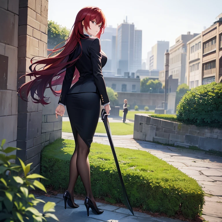 best quality, 1girl, angry business woman holding a steel sword, black business suit, black midi pencil skirt, black blazer, heels, looking at viewer, full body, long red hair, garden, stone wall
