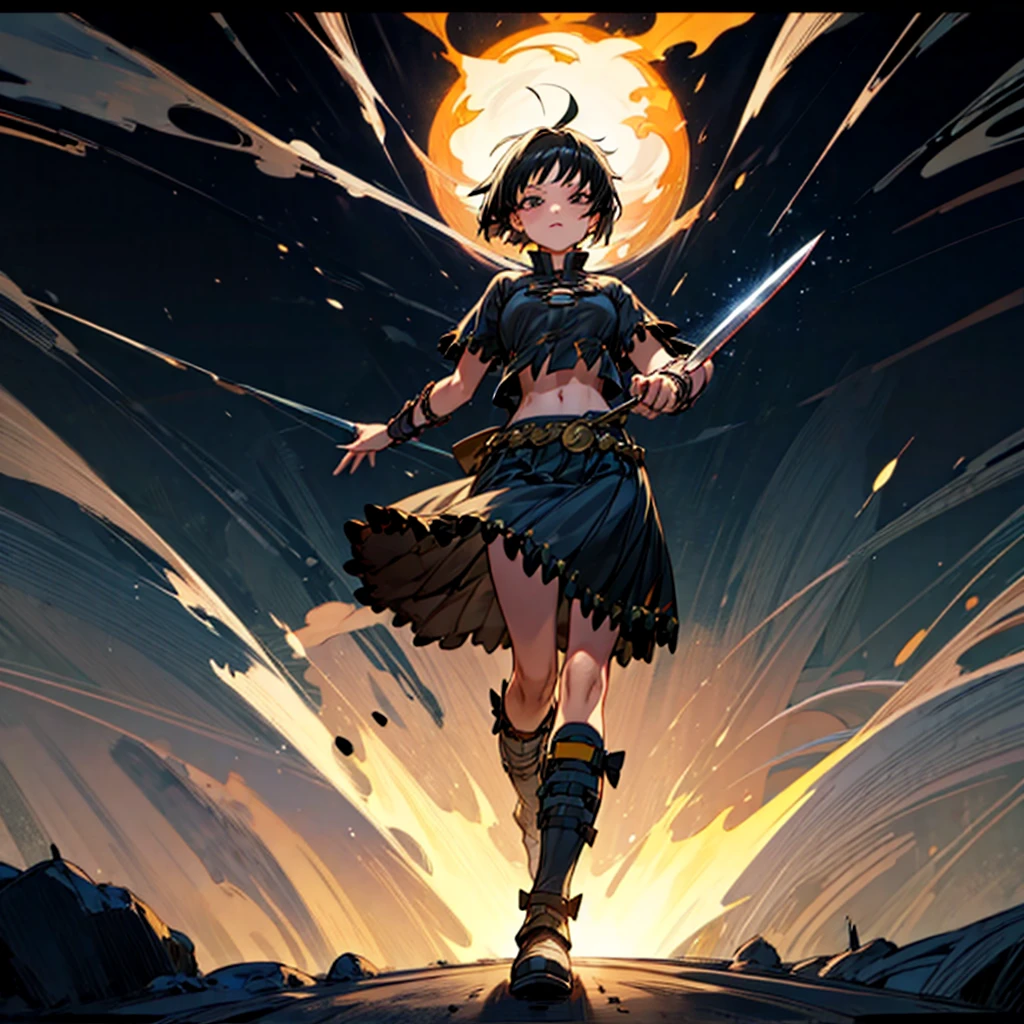 1girl, Full body version, 1character, girl version, black eyes color, short haircut, black colour hair, Ancient Roman style clothing, long skirt, ling boots, small armor body, Grassroots, background in snow, motion blur, (one piece style art), snow, knife in hand, standing gesture, fire, lighting knife, smoke effect, aura effect, lighting moon, Moonlight, fire aura, snow, blue lightning, Silhouette, knife light silhouette, moon 