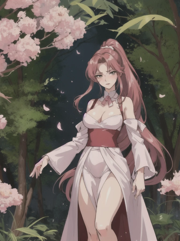 A girl ，Light pink cherry blossom dress，High Ponytail，Big red hair，Bright red hair，big eyes，Blush on face，Slight blush on the face，Shy expression，Hands behind your back，little cherry mouth，Full body shot，Stand among the flowers，There are many trees around. The plump breasts are tightly wrapped. The finger details are beautifully manicured. Big breasts