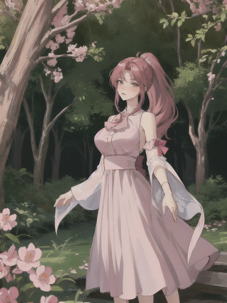 A girl ，Light pink cherry blossom dress，High Ponytail，Big red hair，Bright red hair，big eyes，Blush on face，Slight blush on the face，Shy expression，Hands behind your back，little cherry mouth，Full body shot，Stand among the flowers，There are many trees around. The plump breasts are tightly wrapped. The finger details are beautifully manicured. Big breasts